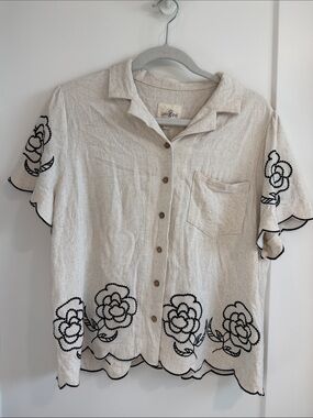 Umgee Cream Short-Sleeve Button Front Top with Black Floral Embroidery